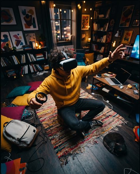 Cinematic film still of a person wearing a VR headset, high-angle view from above, vivid colors, high contrast, energetic, 4:5 aspect ratio