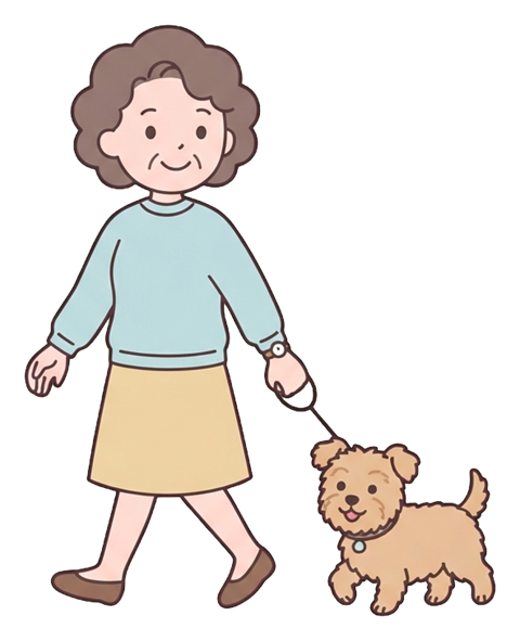 Simple cute flat cartoon illustration with soft pastel colors and thin clean dark outlines of a middle-aged woman, person walking a small dog on a leash, transparent background PNG