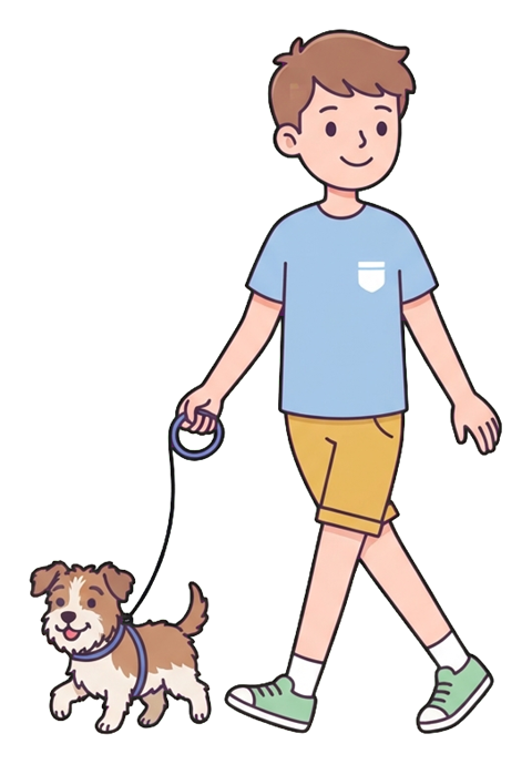 Simple cute flat cartoon illustration with soft pastel colors and thin clean dark outlines of a young man, person walking a small dog on a leash, transparent background PNG