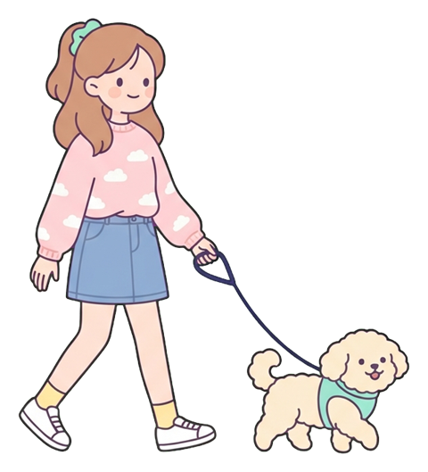 Simple cute flat cartoon illustration with soft pastel colors and thin clean dark outlines of a young woman, person walking a small dog on a leash, transparent background PNG