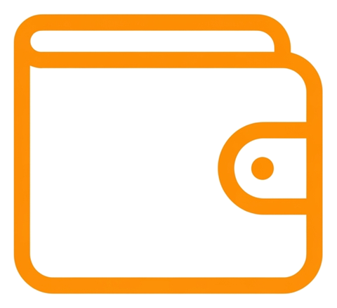 Rounded line icon, thick orange outline of a wallet icon, transparent background PNG