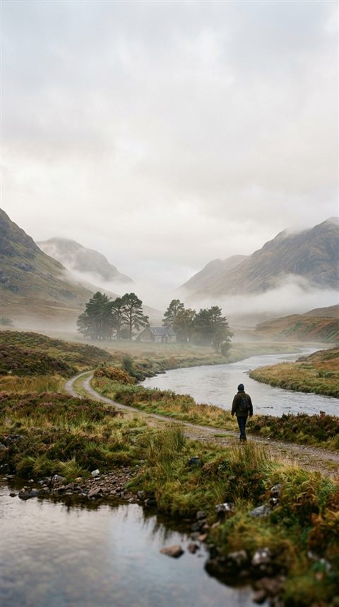 Cinematic film still of aesthetic wallpaper scene, wide shot with open space at the top for text, misty morning haze, dreamy, 9:16 aspect ratio