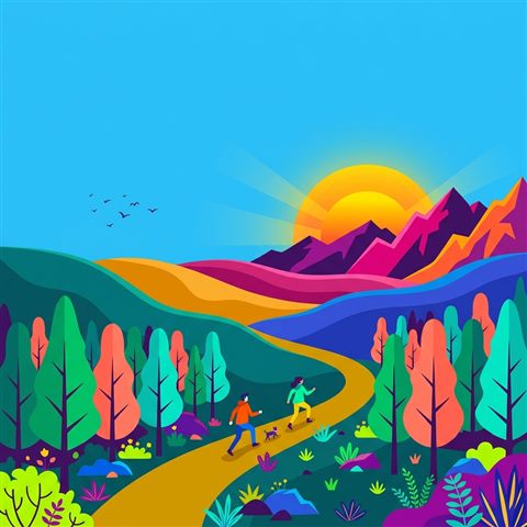 Minimal flat illustration of aesthetic wallpaper scene, wide shot with open space at the top for text, vivid colors, high contrast, energetic, 1:1 aspect ratio