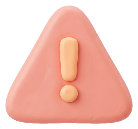 Soft 3D icon, pastel clay render of a warning triangle icon with an exclamation mark, transparent background PNG