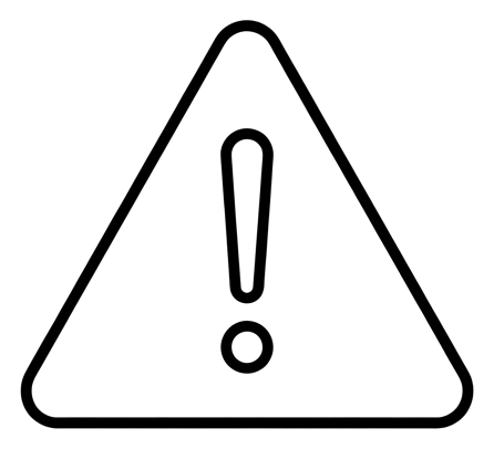 Thin black line icon, minimal outline of a warning triangle icon with an exclamation mark, transparent background PNG