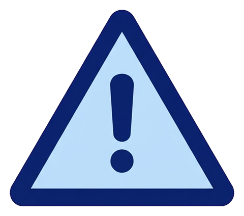 Duotone icon, navy blue and light blue of a warning triangle icon with an exclamation mark, transparent background PNG