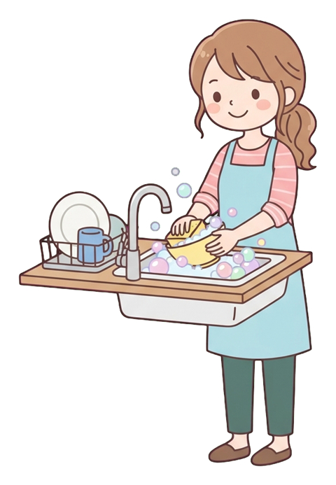 Simple cute flat cartoon illustration with soft pastel colors and thin clean dark outlines of a young woman, person washing dishes at a kitchen sink with bubbles, transparent background PNG