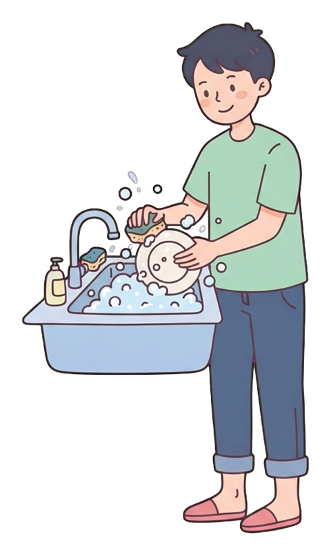 Simple cute flat cartoon illustration with soft pastel colors and thin clean dark outlines of a young man, person washing dishes at a kitchen sink with bubbles, transparent background PNG
