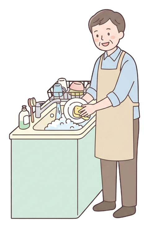 Simple cute flat cartoon illustration with soft pastel colors and thin clean dark outlines of a middle-aged man, person washing dishes at a kitchen sink with bubbles, transparent background PNG