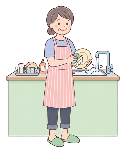 Simple cute flat cartoon illustration with soft pastel colors and thin clean dark outlines of a middle-aged woman, person washing dishes at a kitchen sink with bubbles, transparent background PNG