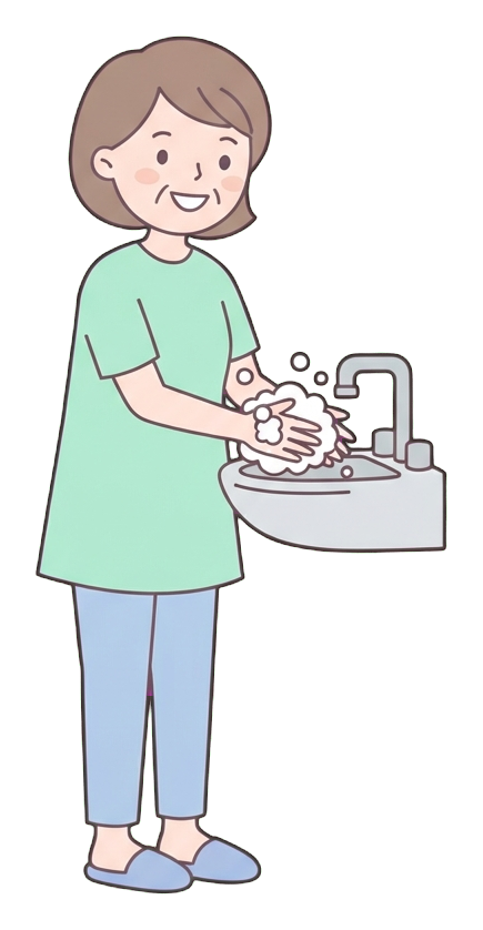 Simple cute flat cartoon illustration with soft pastel colors and thin clean dark outlines of a middle-aged woman, person washing hands with soap bubbles at a sink, transparent background PNG