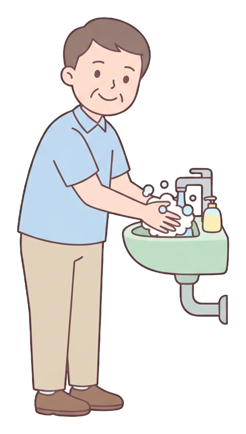 Simple cute flat cartoon illustration with soft pastel colors and thin clean dark outlines of a middle-aged man, person washing hands with soap bubbles at a sink, transparent background PNG