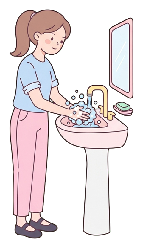 Simple cute flat cartoon illustration with soft pastel colors and thin clean dark outlines of a young woman, person washing hands with soap bubbles at a sink, transparent background PNG