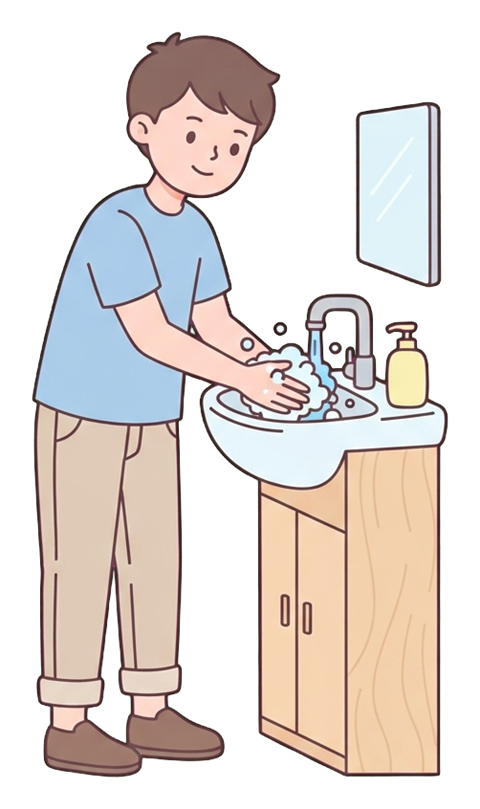 Simple cute flat cartoon illustration with soft pastel colors and thin clean dark outlines of a young man, person washing hands with soap bubbles at a sink, transparent background PNG