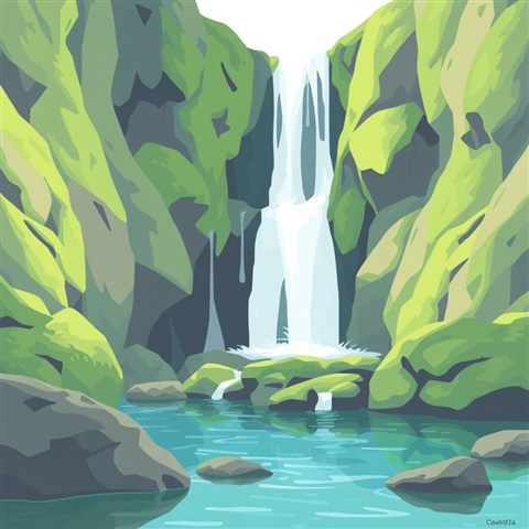 Minimal flat illustration of A majestic waterfall cascading down lush green mossy rocks into a crystal clear pool, close-up detail with shallow depth of field, soft pastel colors, bright and cozy, 1:1 aspect ratio
