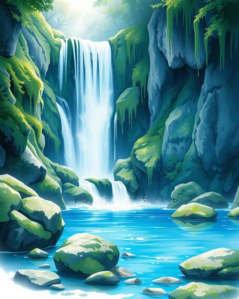 Watercolor illustration of A majestic waterfall cascading down lush green mossy rocks into a crystal clear pool, wide shot with open space at the top for text, cool blue tones, quiet atmosphere, 4:5 aspect ratio
