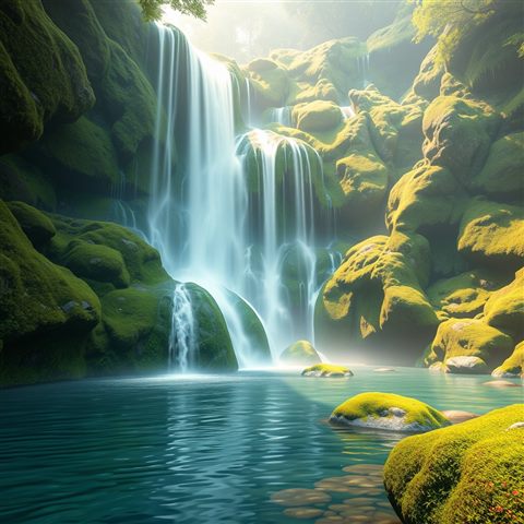 Soft 3D render of A majestic waterfall cascading down lush green mossy rocks into a crystal clear pool, close-up detail with shallow depth of field, misty morning haze, dreamy, 1:1 aspect ratio