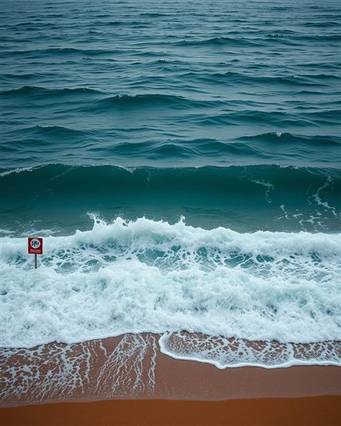 Photorealistic photo of Foamy turquoise ocean waves gently crashing onto a golden sandy beach, wide shot with open space at the top for text, moody dark tones, dramatic lighting, 4:5 aspect ratio