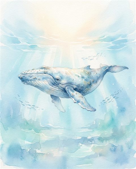 Watercolor illustration of whale in the ocean, centered subject with a simple uncluttered composition, soft pastel colors, bright and cozy, 4:5 aspect ratio