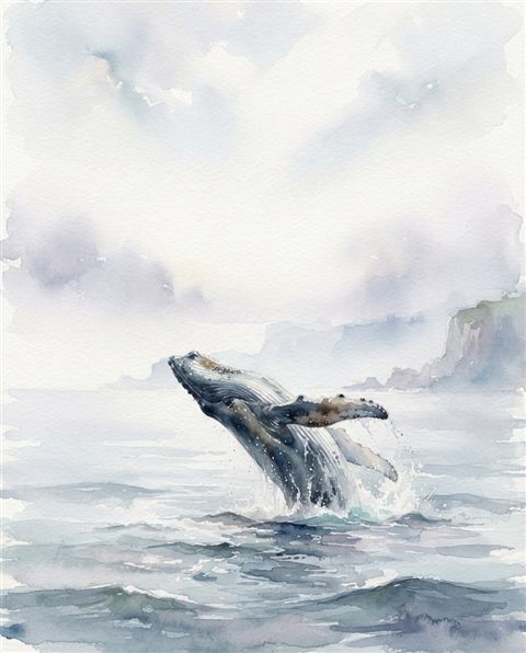 Watercolor illustration of whale in the ocean, wide shot with open space at the top for text, misty morning haze, dreamy, 4:5 aspect ratio