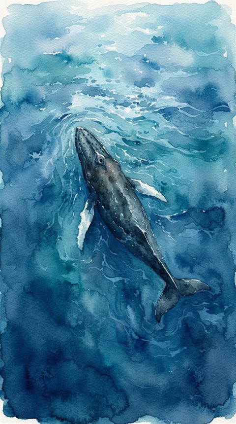 Watercolor illustration of whale in the ocean, high-angle view from above, cool blue tones, quiet atmosphere, 9:16 aspect ratio