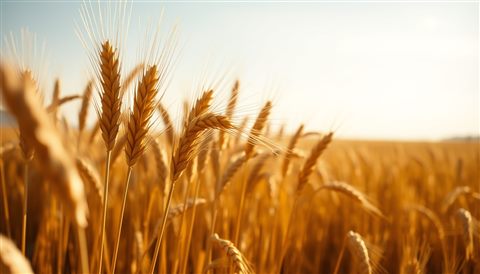 Photorealistic photo of Golden wheat stalks swaying gently together in a vast countryside field under a clear sky, close-up detail with shallow depth of field, warm golden light, calm mood, 16:9 aspect ratio