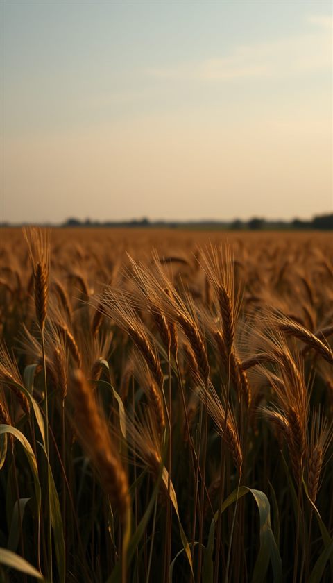 Photorealistic photo of Golden wheat stalks swaying gently together in a vast countryside field under a clear sky, wide shot with open space at the top for text, moody dark tones, dramatic lighting, 9:16 aspect ratio