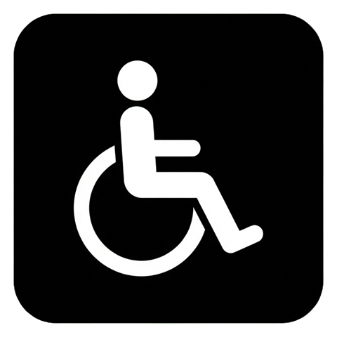 Pictogram sign, white figure on a solid black rounded square of a wheelchair accessibility pictogram, transparent background PNG