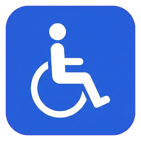 Pictogram sign, white figure on a solid blue rounded square of a wheelchair accessibility pictogram, transparent background PNG