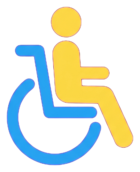 Flat color pictogram, friendly bright colors of a wheelchair accessibility pictogram, transparent background PNG