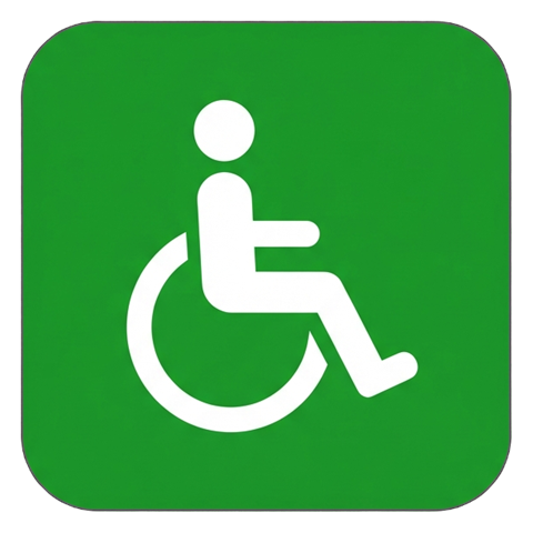 Pictogram sign, white figure on a solid green rounded square of a wheelchair accessibility pictogram, transparent background PNG