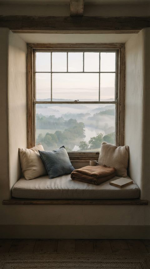 Cinematic film still of a window seat with cushions and a view, centered subject with a simple uncluttered composition, misty morning haze, dreamy, 9:16 aspect ratio