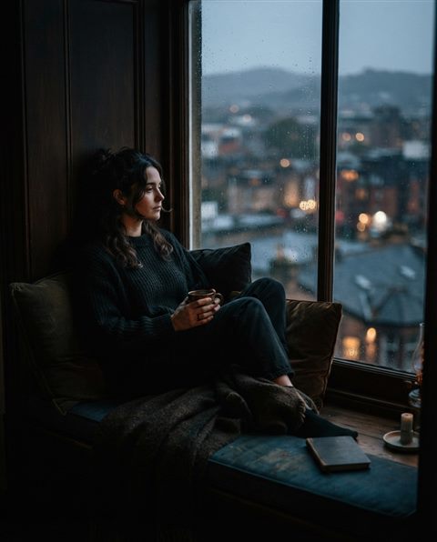 Cinematic film still of a window seat with cushions and a view, close-up detail with shallow depth of field, moody dark tones, dramatic lighting, 4:5 aspect ratio