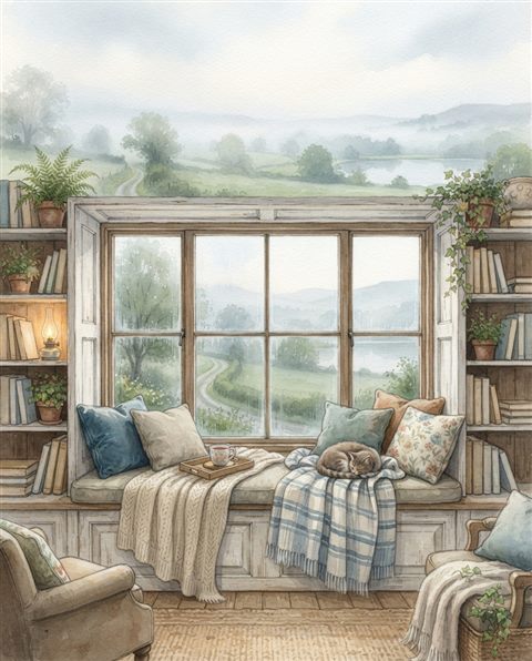Watercolor illustration of a window seat with cushions and a view, wide shot with open space at the top for text, misty morning haze, dreamy, 4:5 aspect ratio