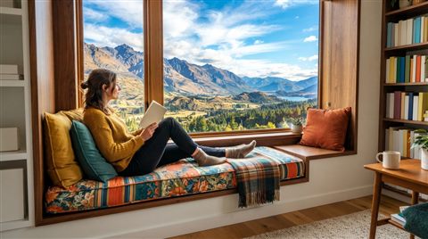 Photorealistic photo of a window seat with cushions and a view, wide shot with open space at the top for text, vivid colors, high contrast, energetic, 16:9 aspect ratio
