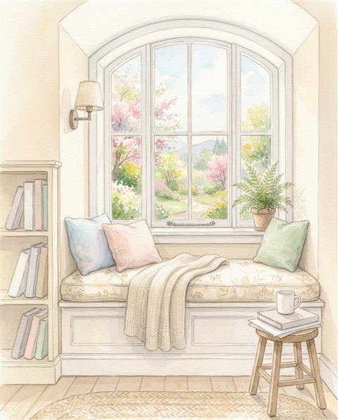 Watercolor illustration of a window seat with cushions and a view, centered subject with a simple uncluttered composition, soft pastel colors, bright and cozy, 4:5 aspect ratio