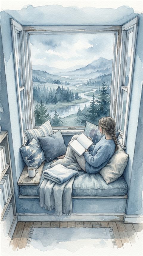 Watercolor illustration of a window seat with cushions and a view, high-angle view from above, cool blue tones, quiet atmosphere, 9:16 aspect ratio