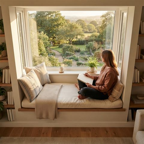 Photorealistic photo of a window seat with cushions and a view, high-angle view from above, warm golden light, calm mood, 1:1 aspect ratio