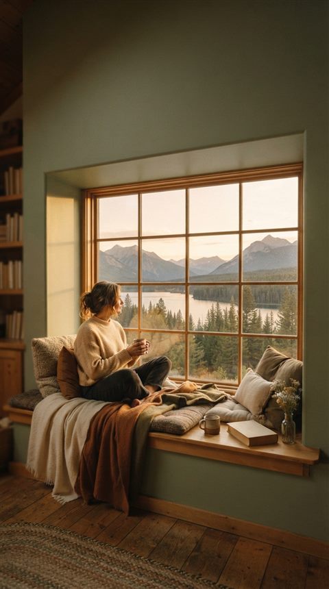 Cinematic film still of a window seat with cushions and a view, wide shot with open space at the top for text, warm golden light, calm mood, 9:16 aspect ratio