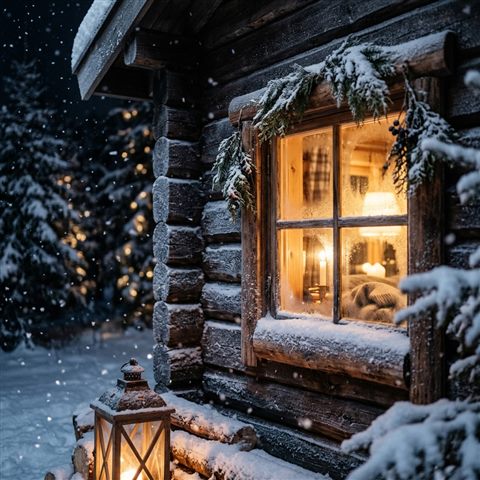 Photorealistic photo of cozy wooden cabin in the snow at night, close-up detail with shallow depth of field, warm golden light, calm mood, 1:1 aspect ratio