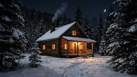 Photorealistic photo of cozy wooden cabin in the snow at night, centered subject with a simple uncluttered composition, moody dark tones, dramatic lighting, 16:9 aspect ratio