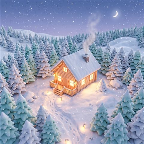 Soft 3d render of cozy wooden cabin in the snow at night, high-angle view from above, soft pastel colors, bright and cozy, 1:1 aspect ratio