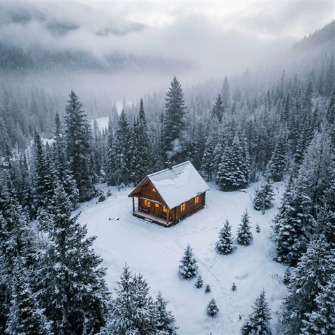 Photorealistic photo of cozy wooden cabin in the snow at night, high-angle view from above, misty morning haze, dreamy, 1:1 aspect ratio