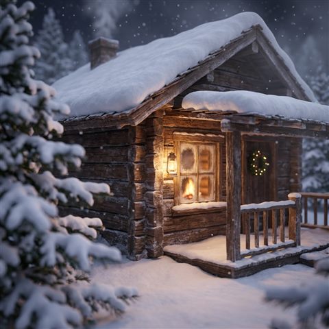 Soft 3d render of cozy wooden cabin in the snow at night, close-up detail with shallow depth of field, misty morning haze, dreamy, 1:1 aspect ratio