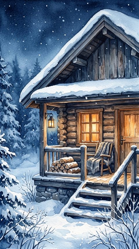 Watercolor illustration of cozy wooden cabin in the snow at night, close-up detail with shallow depth of field, cool blue tones, quiet atmosphere, 9:16 aspect ratio