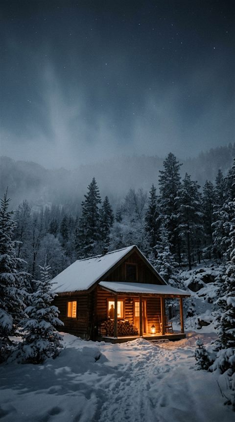 Cinematic film still of cozy wooden cabin in the snow at night, wide shot with open space at the top for text, misty morning haze, dreamy, 9:16 aspect ratio
