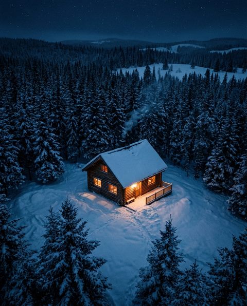 Cinematic film still of cozy wooden cabin in the snow at night, high-angle view from above, cool blue tones, quiet atmosphere, 4:5 aspect ratio