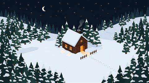 Minimal flat illustration of cozy wooden cabin in the snow at night, high-angle view from above, warm golden light, calm mood, 16:9 aspect ratio
