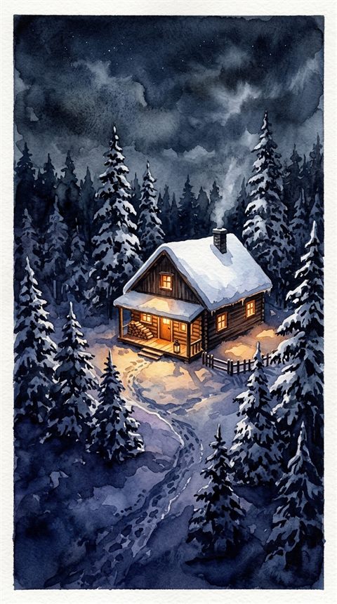 Watercolor illustration of cozy wooden cabin in the snow at night, high-angle view from above, moody dark tones, dramatic lighting, 9:16 aspect ratio