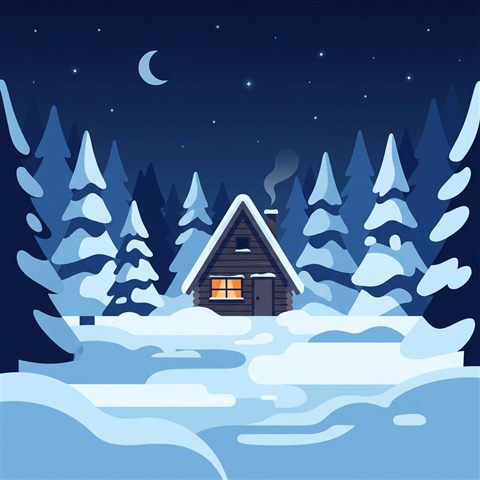 Minimal flat illustration of cozy wooden cabin in the snow at night, centered subject with a simple uncluttered composition, cool blue tones, quiet atmosphere, 1:1 aspect ratio
